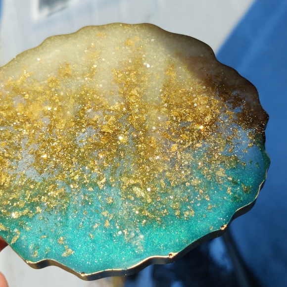 Made to Order Handmade Resin Coasters Blue and Pearl White w/ Gold Leaf Details - Picture 5 of 5